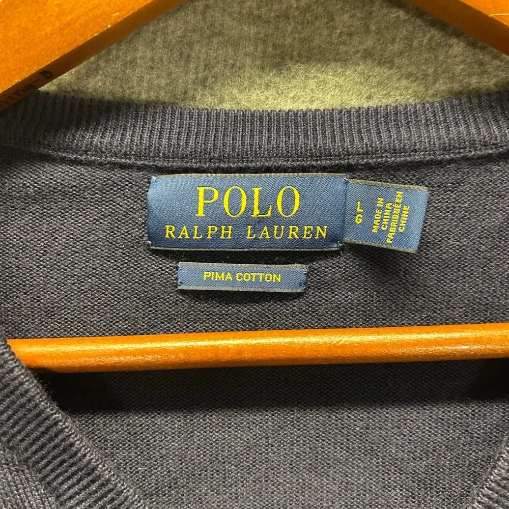 Polo Ralph Lauren Men L Navy Blue‎ Pima Cotton V-Neck Pullover Sweater Logo L/S